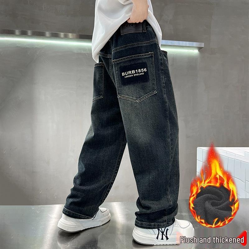 

Модні джинси на флісовій підкладці для хлопчиків: Гарні весняно/осінньо/зимові штани широкого крою, прямого крою 140 cm