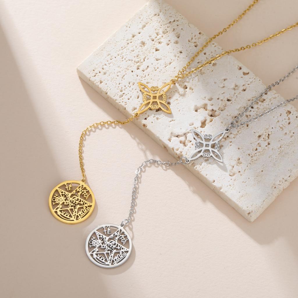 Collar Doble Amuleto Protección Nudo de Bruja Pentagrama Tetragrammaton Acero Inoxidable Joyería de Protección Venta al por Mayor