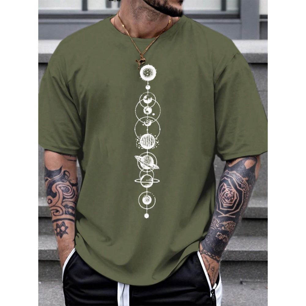 Men's summer 100 cotton fashionable casual sports loose space planet pattern printed round neck short sleeved T-shirt top