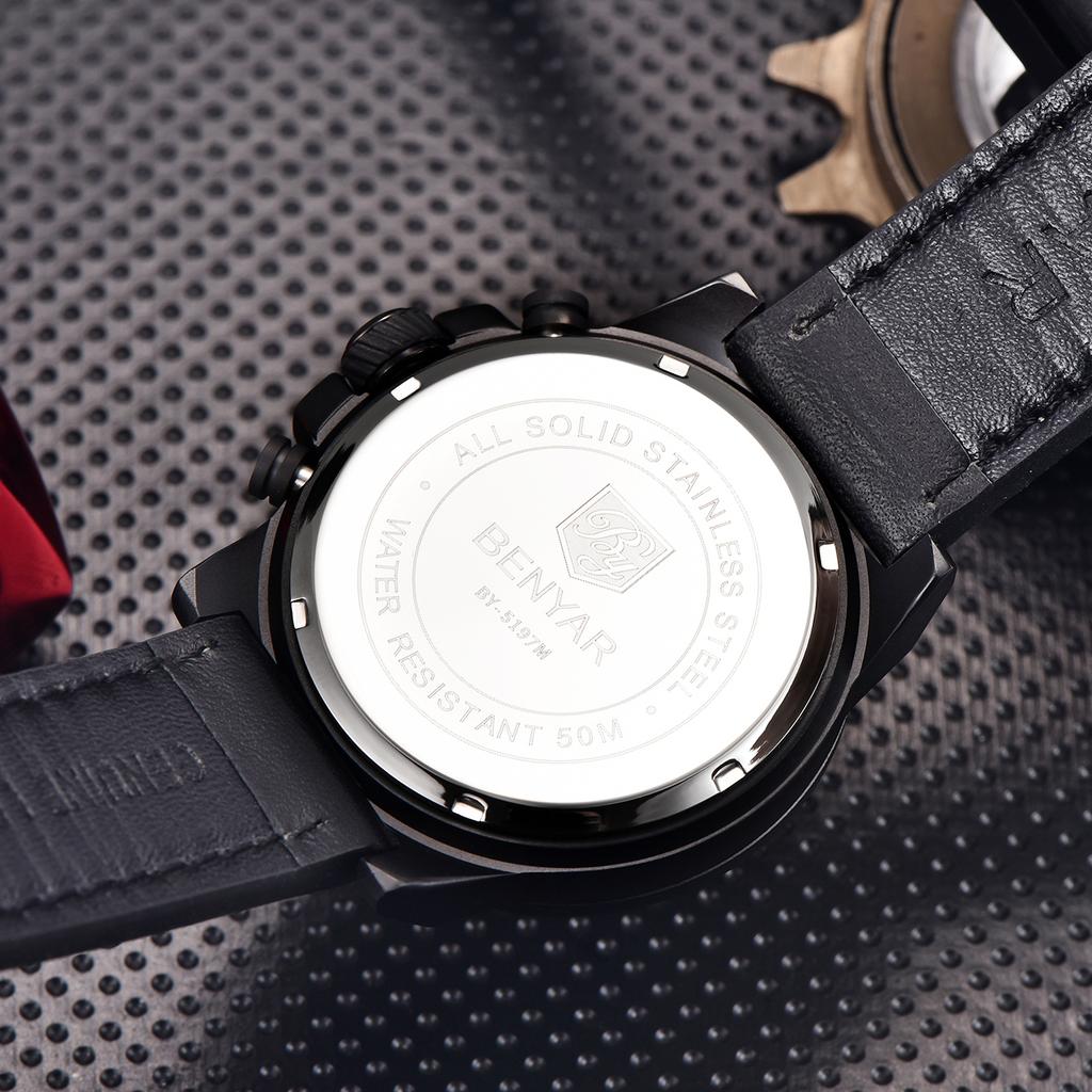 BENYAR Men's Quartz Watch Sapphire Chronograph Waterproof Clock Leather Simple Relogio Masculino Watches BY5197