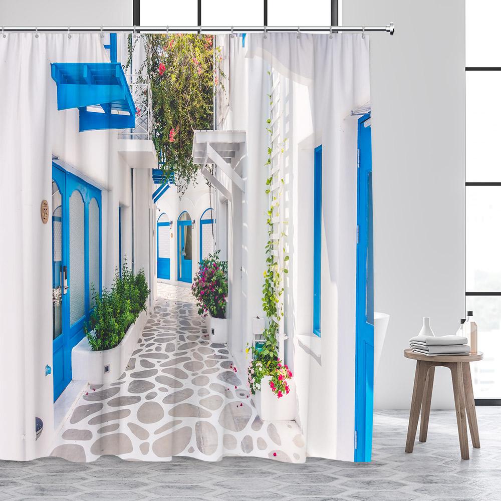 Greek Mediterranean Shower Curtain Purple Flowers Blue Door Window White Architecture Nature Landscape Bathroom Curtains Decor