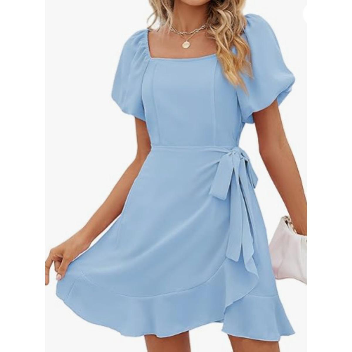 Women s Square Neck Puff Short Sleeve Wrap Slim High Waist Elegant Mini Dress S светло-синий