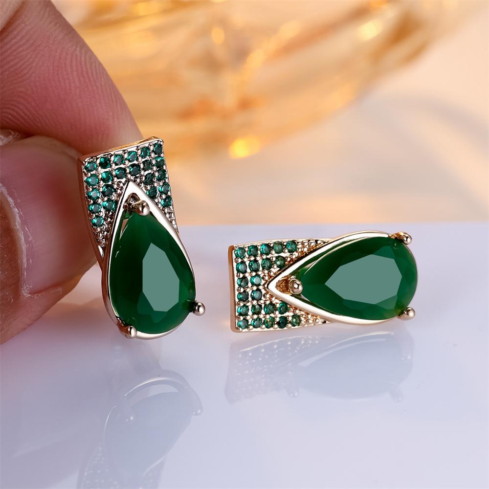 Water Drop Jade Stone Green Crystal Zircon Hoop Earrings For Women Vintage Gold Color Ear Buckle Engagement Jewelry Wedding Gift