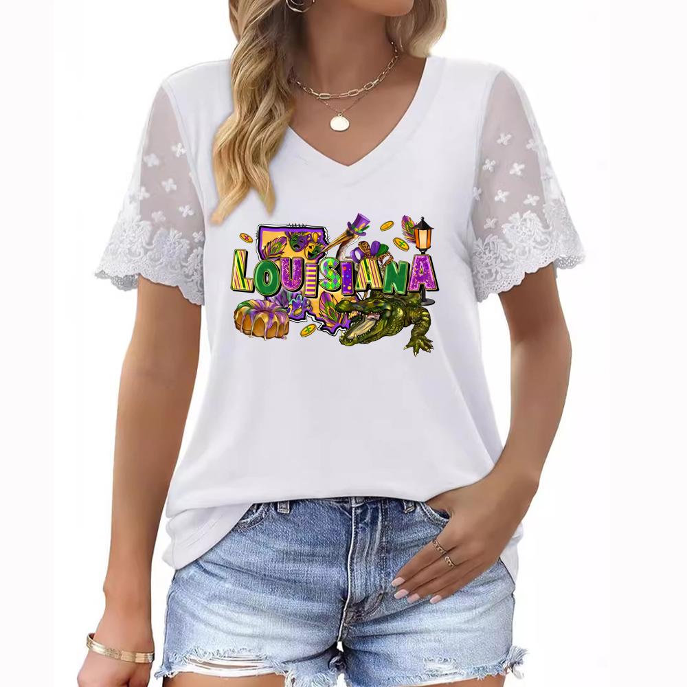 Plus Size Women's Summer V-Neck T-Shirt with Short Sleeves, Floral Print, and Lace Sleeves