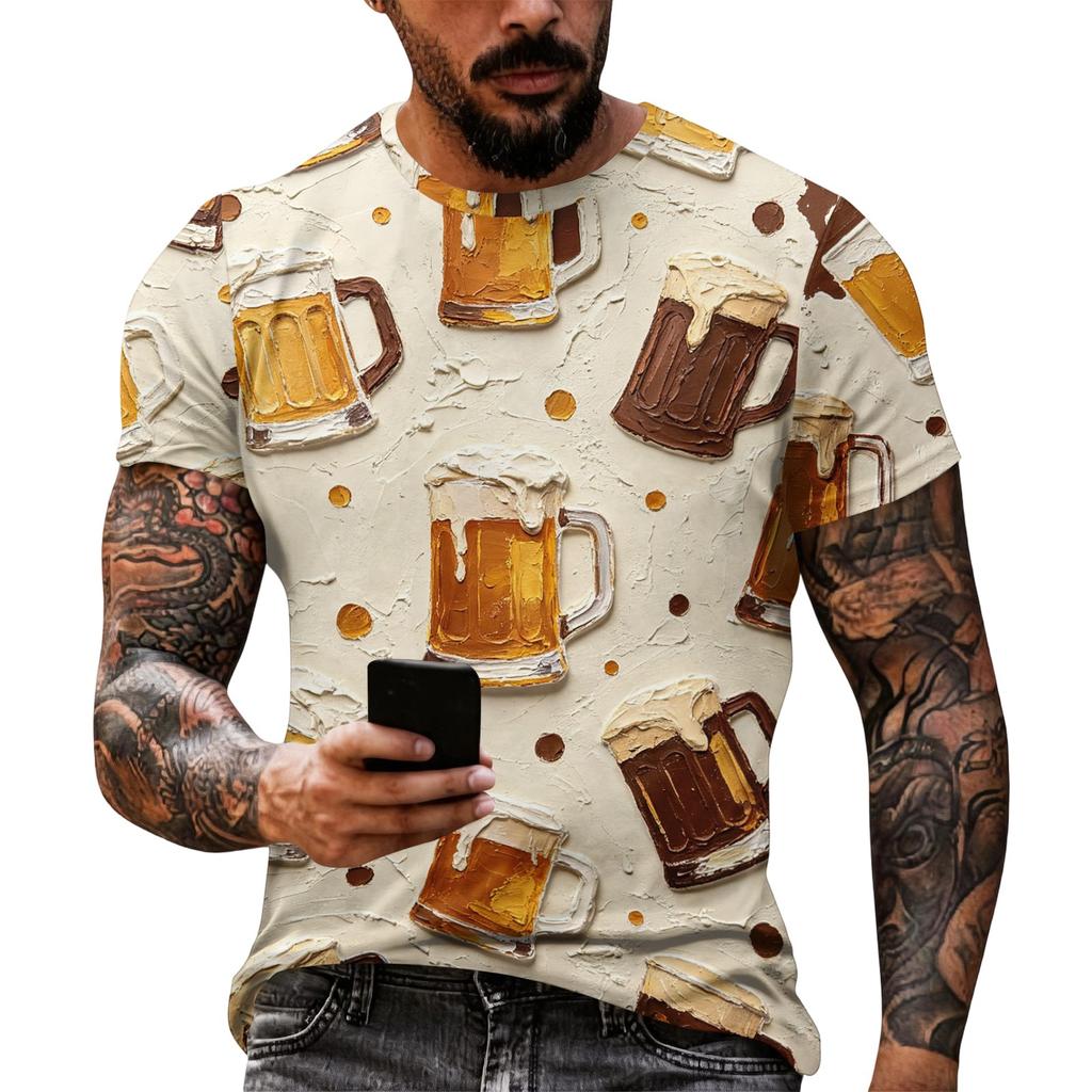 Men's Vintage Texture Print Short Sleeve T Shirt Loose Fit Casual Summer Daily Wear Top with Beer Mug and Brewing Elements Graphic Design