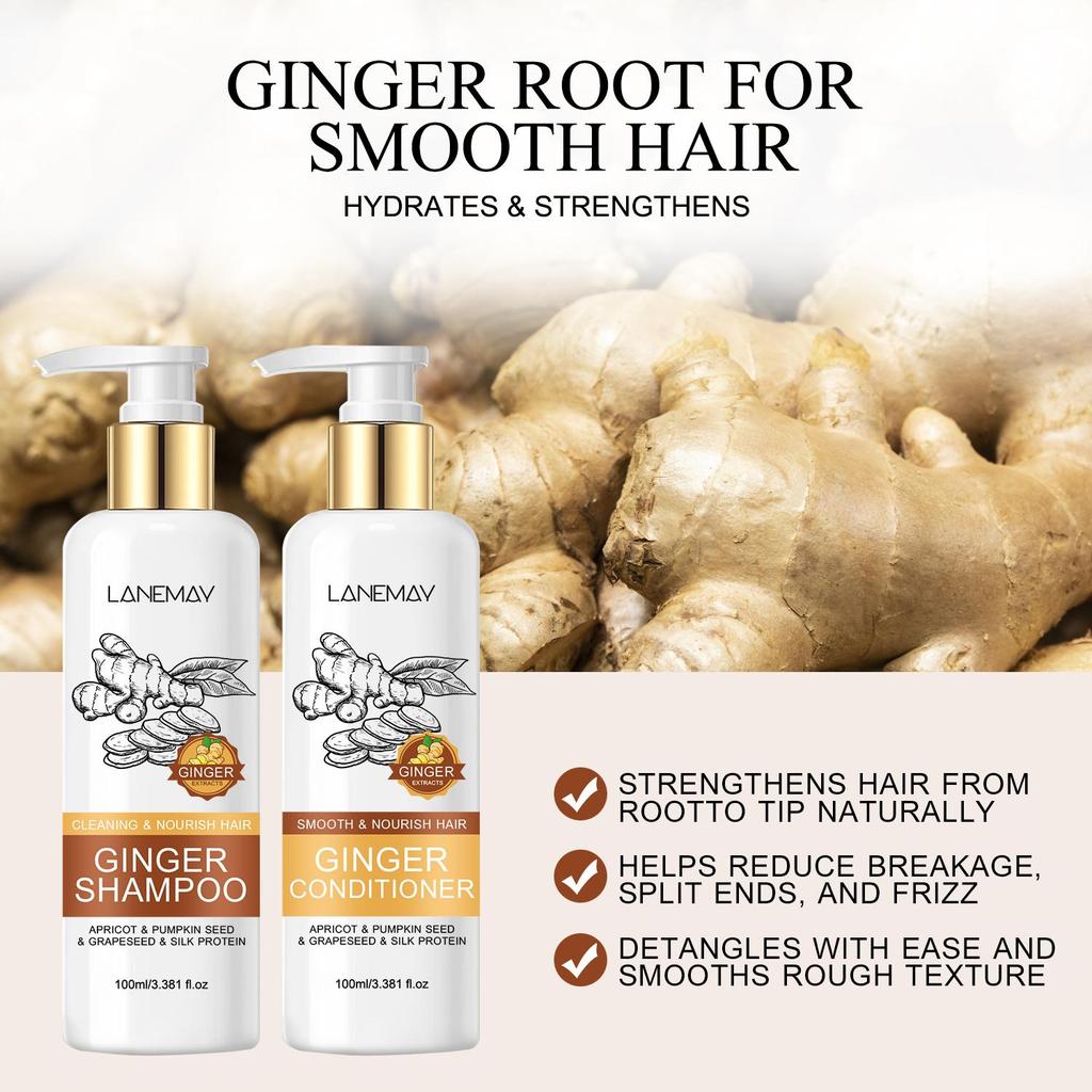 Coffret shampoing et après-shampoing au gingembre : renforce et nourrit les cheveux, nettoie les résidus et le sébum ; convient aux cheveux abîmés et crépus.