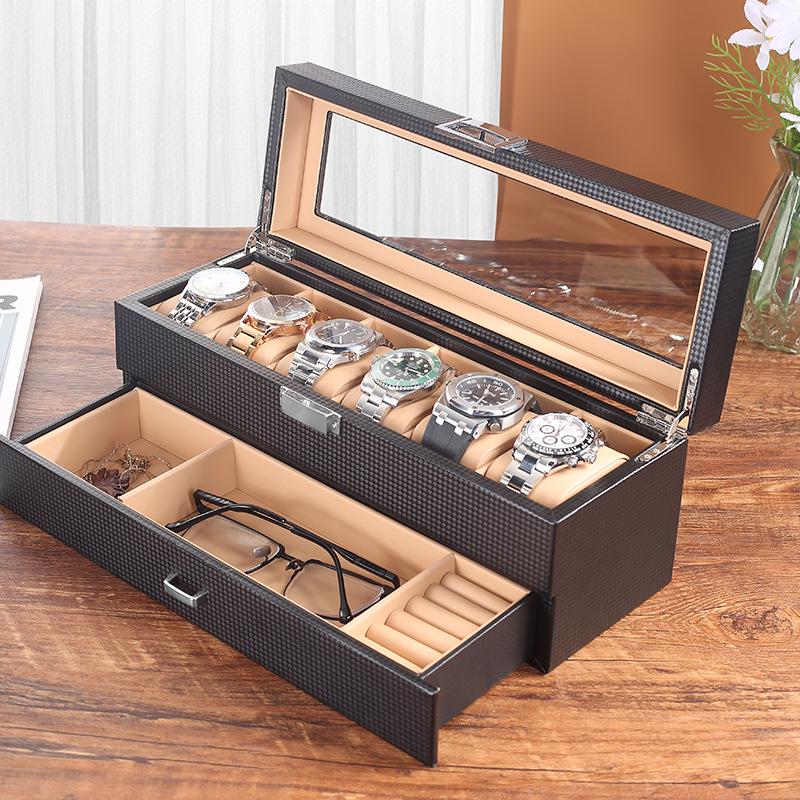 Carbon Fiber PU Double Layer Watch & Jewelry Storage Box - Holds 6 Watches & Cufflinks