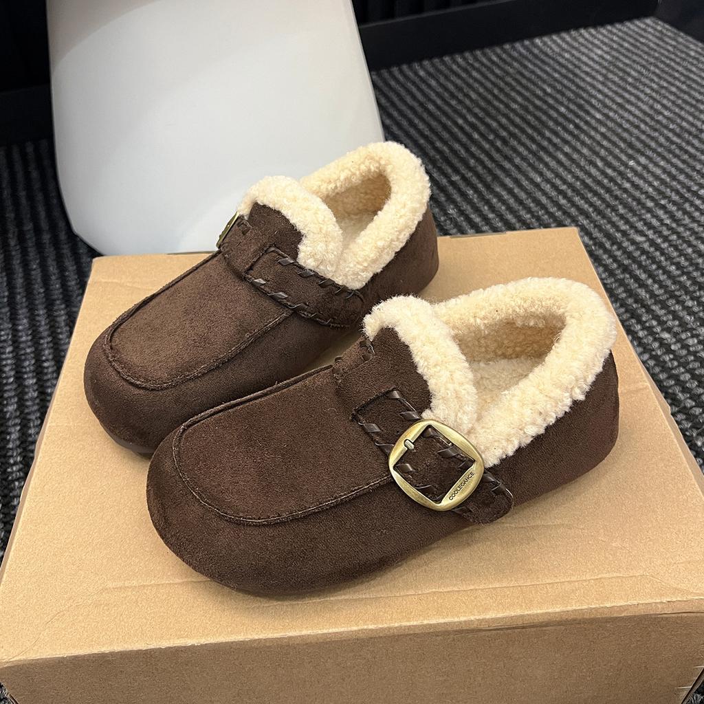 Cotton Shoes Women's 2025 Autumn and Winter New Plush Fluffy Shoes Korean Version Belt Buckle Buns Shoes Flat Bottom Ladyshoes Women's Doudou Shoes