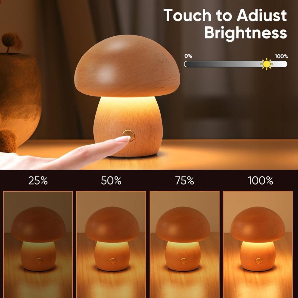 Mini Natural Wood Mushroom Lamp Touch Control LED Night Light for Bedroom Bedside Decor Lamp