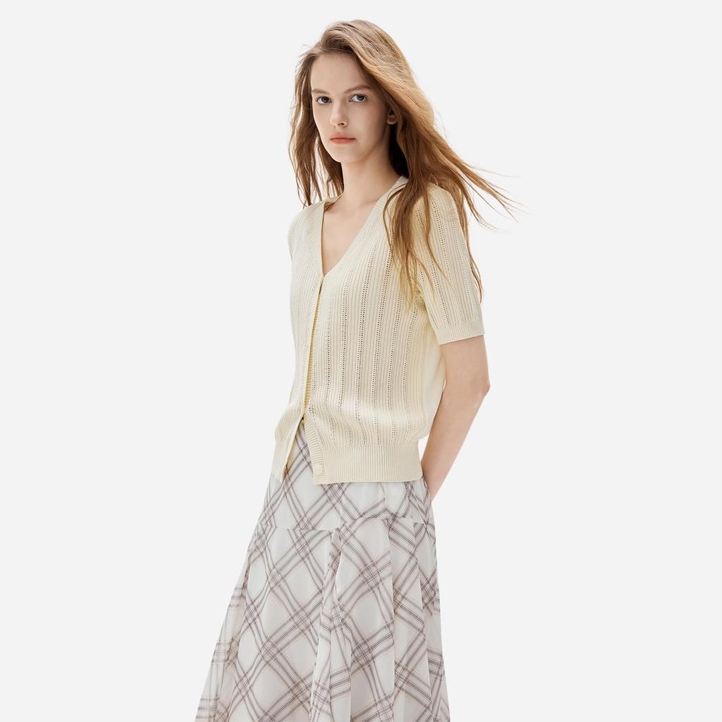 [ELLE] Elle Cardigan Knit Women's Summer French Style Elegant Short Sleeve Casual Original Stylish Commuter Wear Trendy EZ63772 (JP, Alphabet, M)