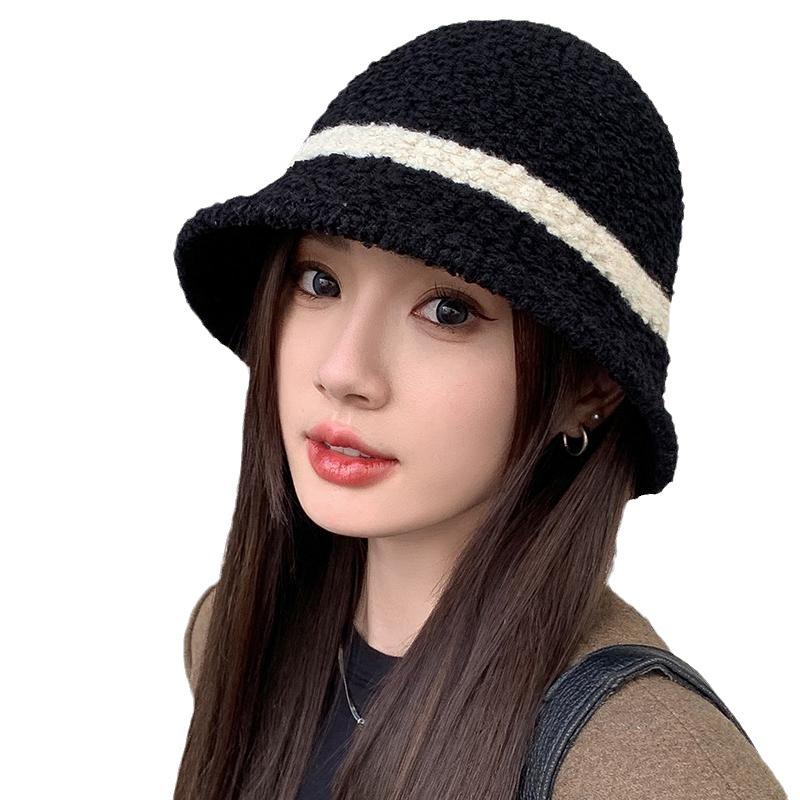 Cappello Donna Autunno Inverno Color Block Peluche Caldo Cappello da Pescatore Circonferenza Testa Grande Mostra il Viso Cappello a Maglia a Strisce Piccole Cappelli e Berretti (Da donna)