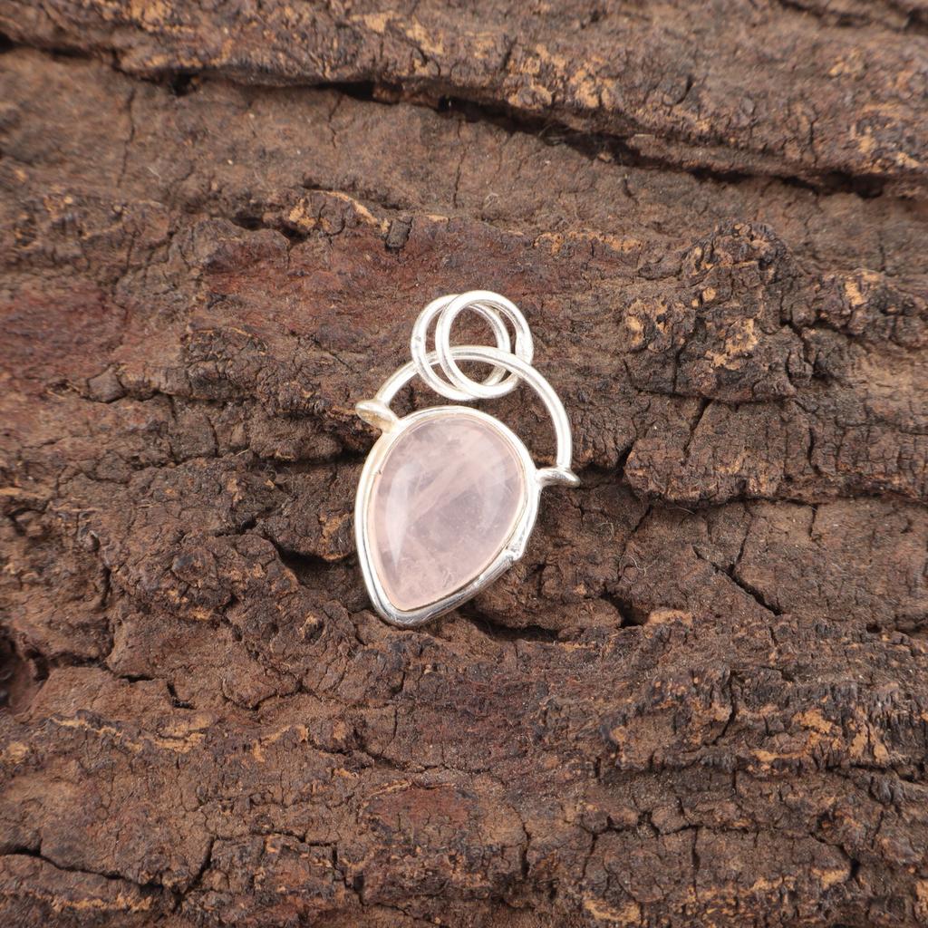 Pear Rose Quartz Gemstone Sterling Silver Boho Unique Best Sisters Gift Pendant PP-56-23
