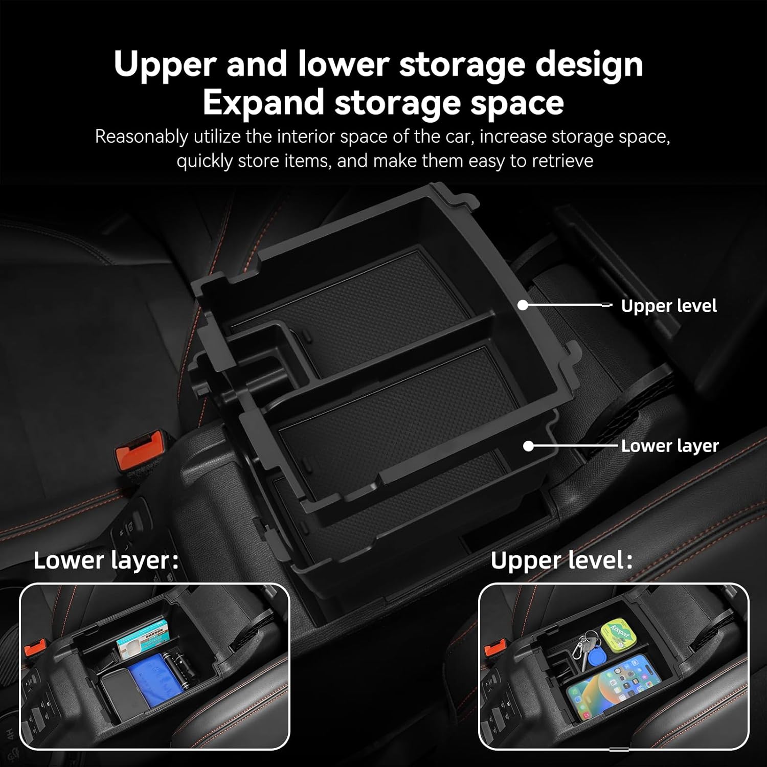 smabee 2PCS Center Console Organizer for Ford Bronco 4-Door 2025 2026 Full Size Ford Bronco Armrest Storage Box ABS Storage Tray Interior Accessories