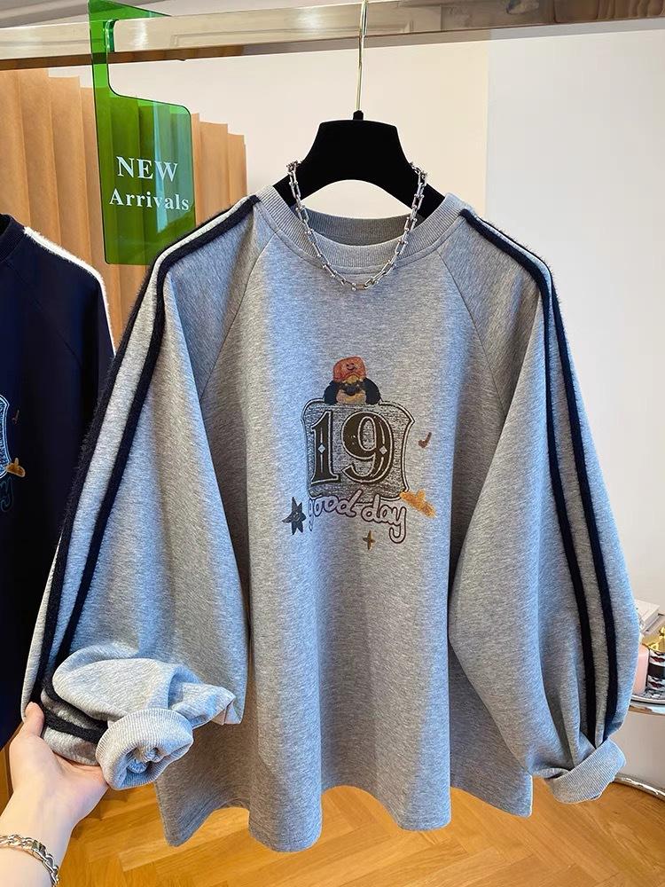 Korean Cartoon Letter Print Loose Large Version Plus Velvet Sweatshirt Women Autumn Sports Long-sleeved T-shirt Trendy
