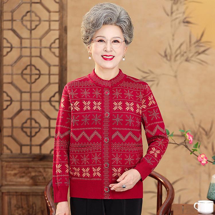 Mom Autumn and Winter Coats, Elderly Autumn Clothes Knitted Cardigans, Female Grandma Sweater, Old Lady 60 Years Old 70 Loose Top