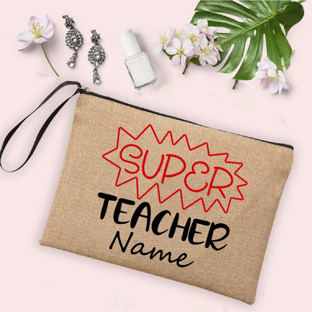 Rainbow Teacher Pencil Case Personalized Custom Name Linen Stationery Supplies Storage Bags Travel Neceser Makeup Bag Best Gifts