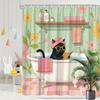 1pc Vintage Bathroom Cat Shower Curtain, Black Cat with Yellow Glasses & Pink Turban Reading Book in Bathtub Design