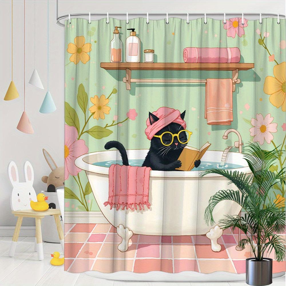 1pc Vintage Bathroom Cat Shower Curtain, Black Cat with Yellow Glasses & Pink Turban Reading Book in Bathtub Design