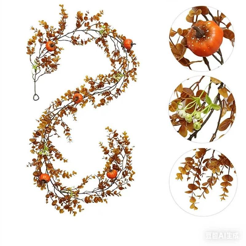 1PC Simulation Pumpkin Berry Rattan, Harvest Festival Thanksgiving Autumn Decoration Wreath Halloween Cross-border Simulation Maple Leaf