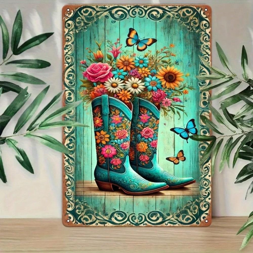 Vintage Cowboy Boots Metal Wall Art 8x12 Inch Rustic Home Decor Tin Sign