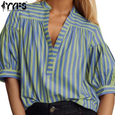 Women's Fashion Casual Summer Spring Stripe Print Short Sleeve V-Neck Blouses & Shirts