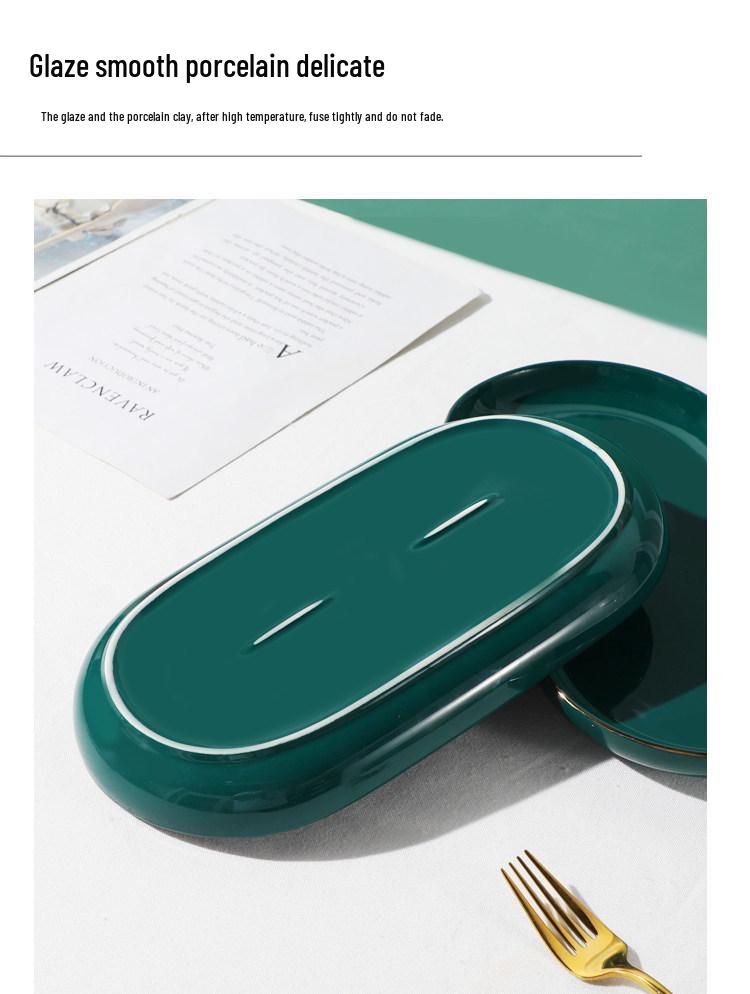 12-inch Retro Emerald Green Fish Plates with Gold Rim (Set of 2) - Decorative Thickened Ceramic Oval Plates