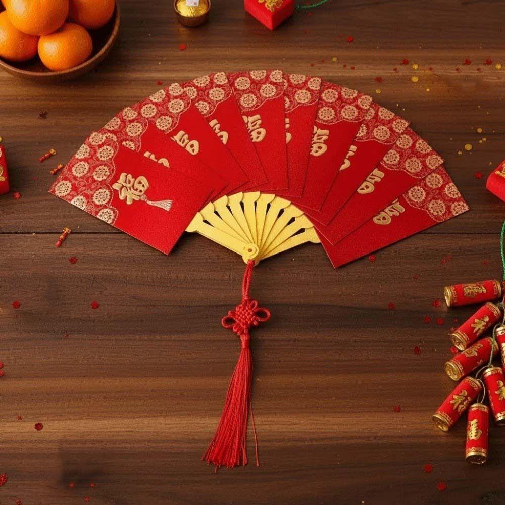 Traditional Fan Design Red Envelope with Chinese Knot Tassel Spring Festival Red Wallet 10 Cards Paper Hongbao