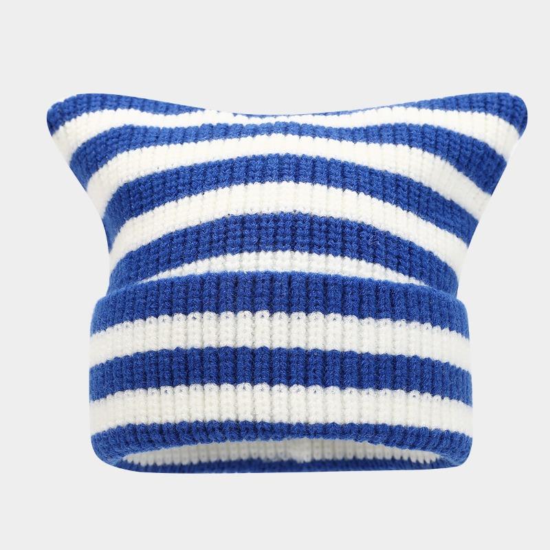 Black and White Striped Cat Ear Hat Thermal Pullover Hat Knitted Hat Fashionable Versatile Cold Hat