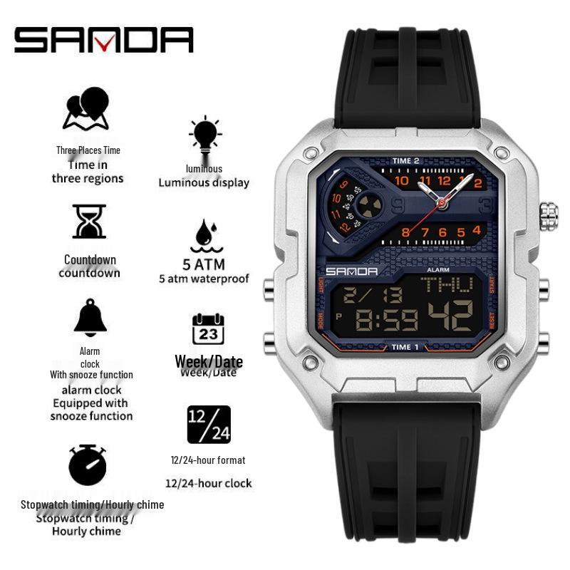 SANDA Men's Luxury Quartz Watch - Steel Band, Waterproof, Three-Time Zone, Versatile for Casual and Workplace Wear.