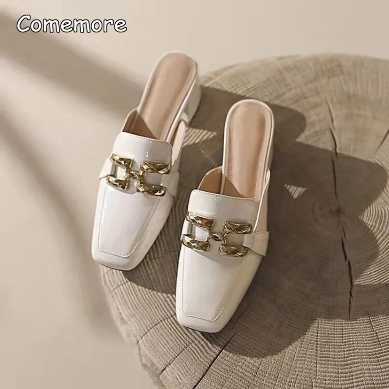 popular  Womens Slippers Outdoor Slides Med Heeled Mules Shoe 2024 Luxury Square Heel Mules popular Cover Toe Chain Decoration