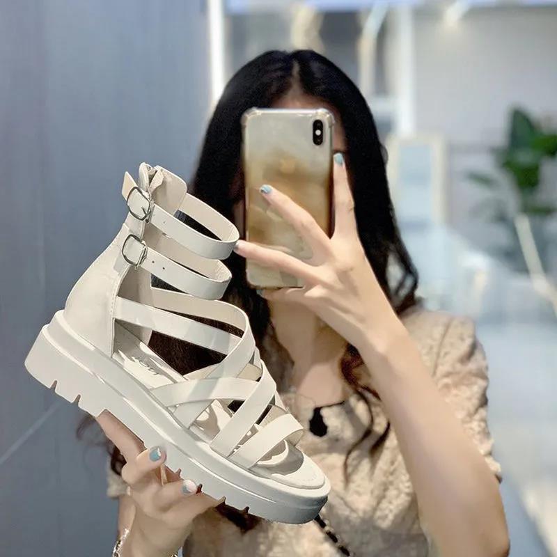 New Summer Versatile Student Fairy Style Flat Bag Heel Sandals Women's Cross Strap Roman Shoes Ins