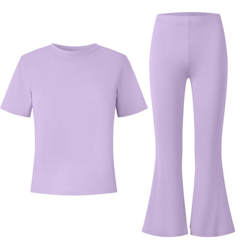 8-12 Years Girls' Solid Color T-shirt and Flare Pants Set Casual Clothes