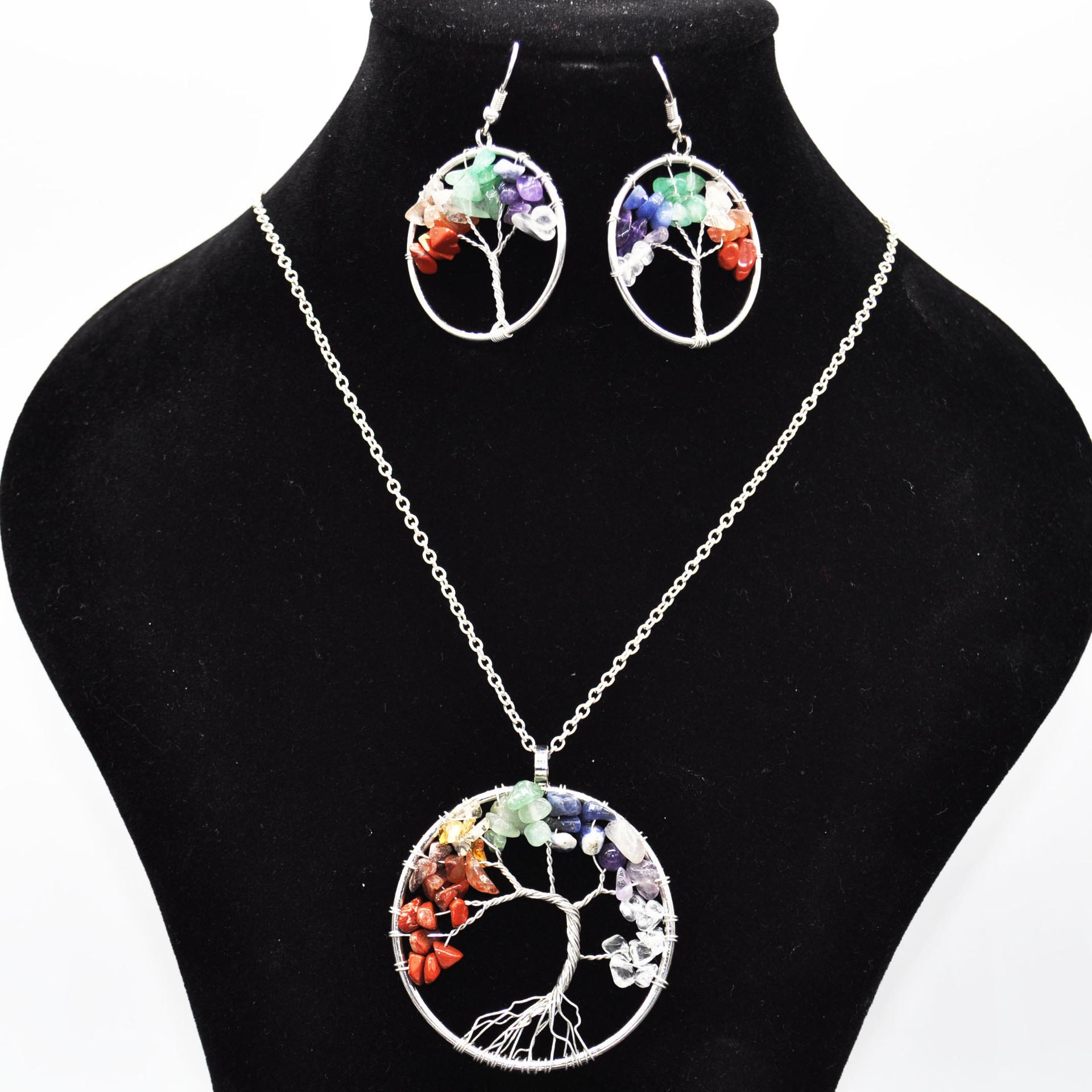 

Natural Crystal Pendant, Colorful Gravel Lucky Tree, Creative Tree Of Life Earrings Necklace Set N153
