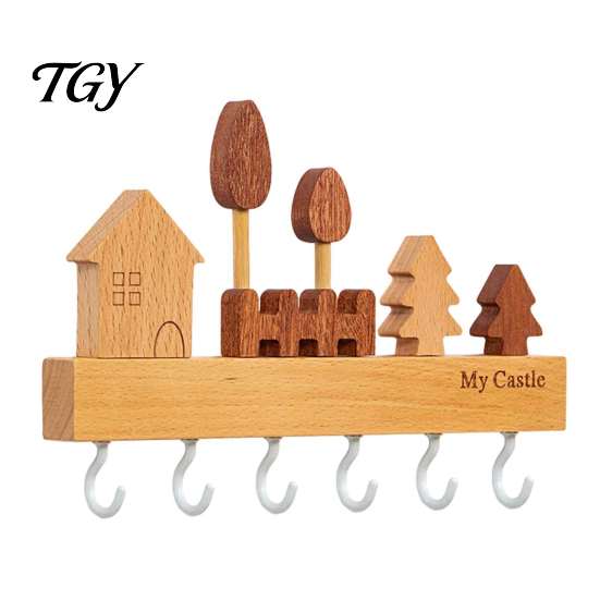 Wall Mounted Key Holder Wooden with 6 Hooks, Decorative Entryway Organizer Kitchen Tool Storage Hook Rack, Easy Mount Installation Hanger for
