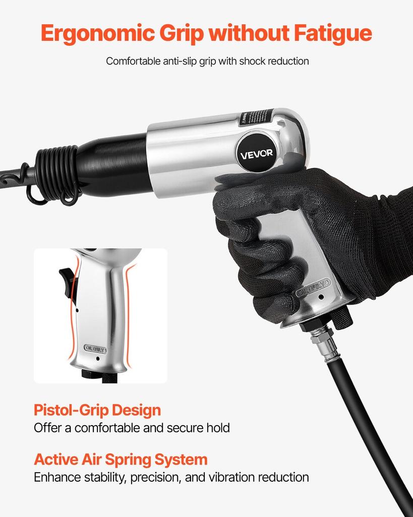 Martelete Pneumático, Martelo Pneumático 3500BPM com Curso de 70mm e 4 Peças de Talhadeiras Haste Redonda, Compacto com Empunhadura de Pistola Cinzel Pneumático Ferramenta Pá Pneumática para Corte