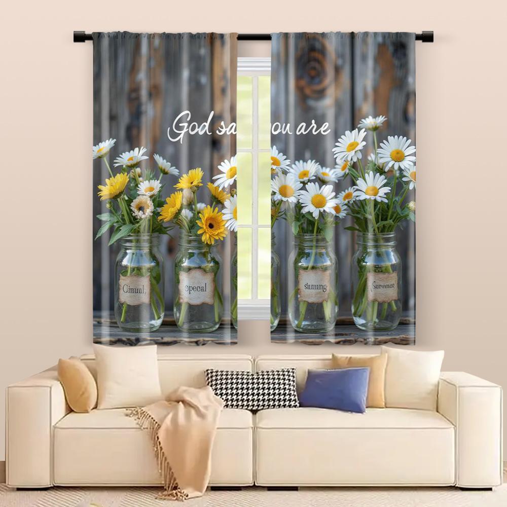 Set Of 2 Filtering Curtains Excluding Rods Non Movable Without Batteries Country Wind Daisy Butterflybackgroundsuitable Curtain Made Polyester