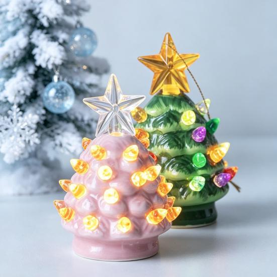 Cozy Christmas Party Supplies Tree Ornament, Glowing Retro Resin Tabletop Decor with Star Mini Decorations Topper, Vintage Xmas Trees Night Light for