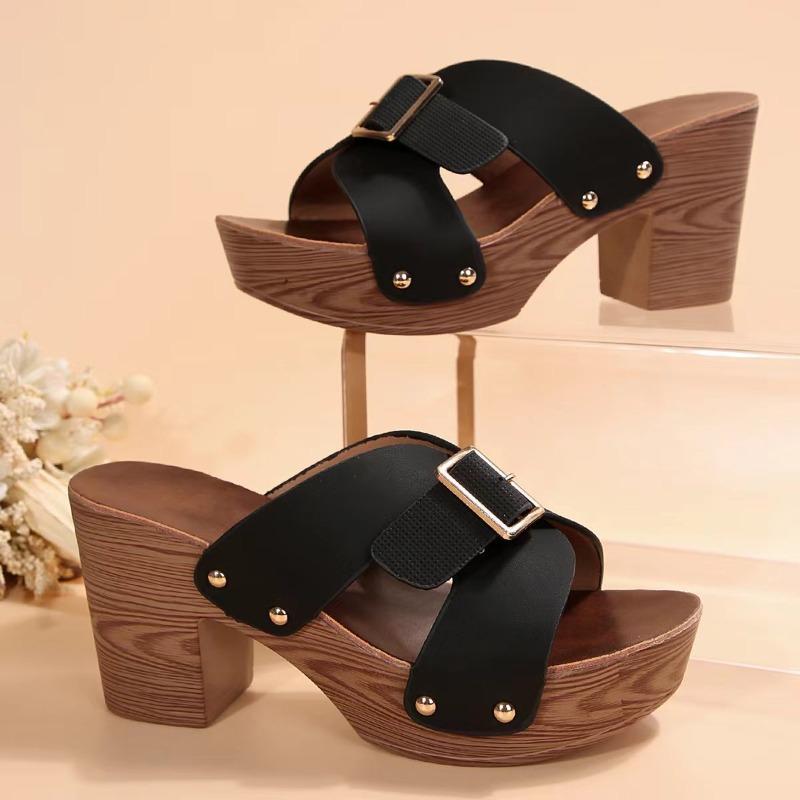 Large-sized New High-heeled Slippers for Women, Round-toed Belt-buckle Sandals, Large-sized Women's Shoes