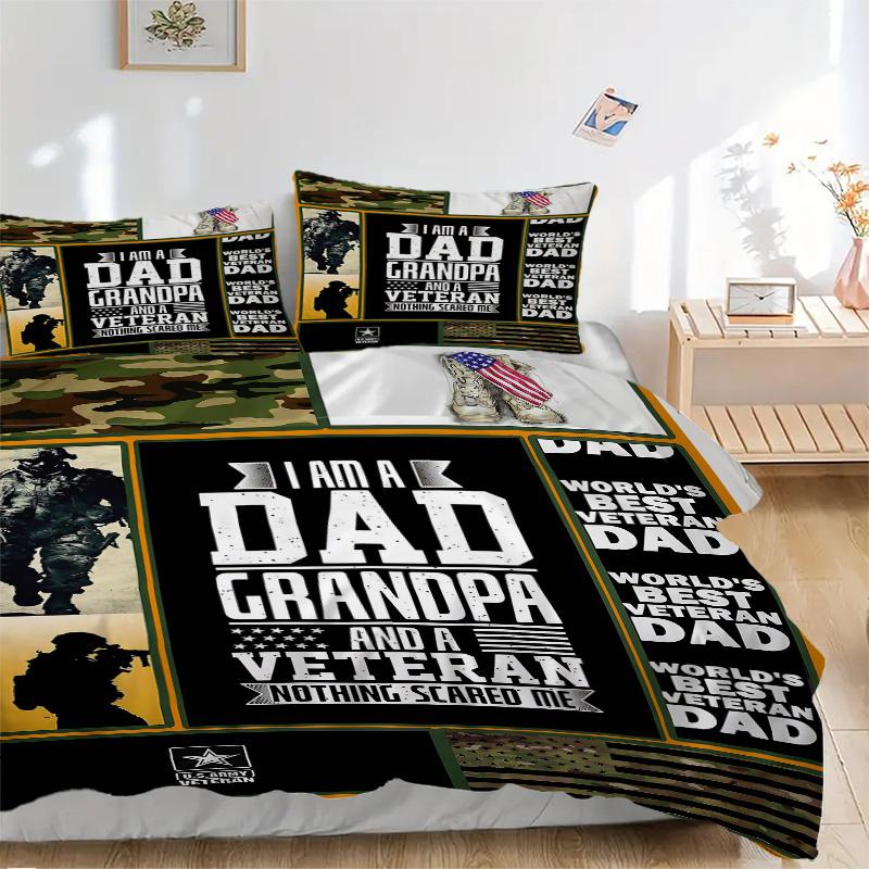 3pcs World's Best Veteran Dad Quilt Cover Set, Soft & Comfortable Polyester Fabric, All-Season Breathable For 1 Quilt Cover & 2 Pillowcases (No Core)