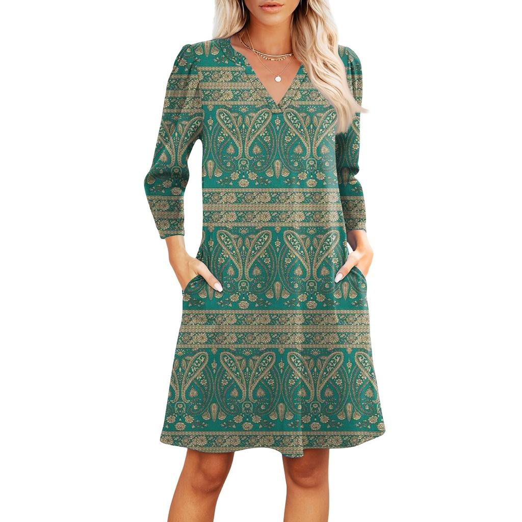 Women's Fashion V-neck Casual Beach Dress Three-quarter Sleeves Floral Print Dress