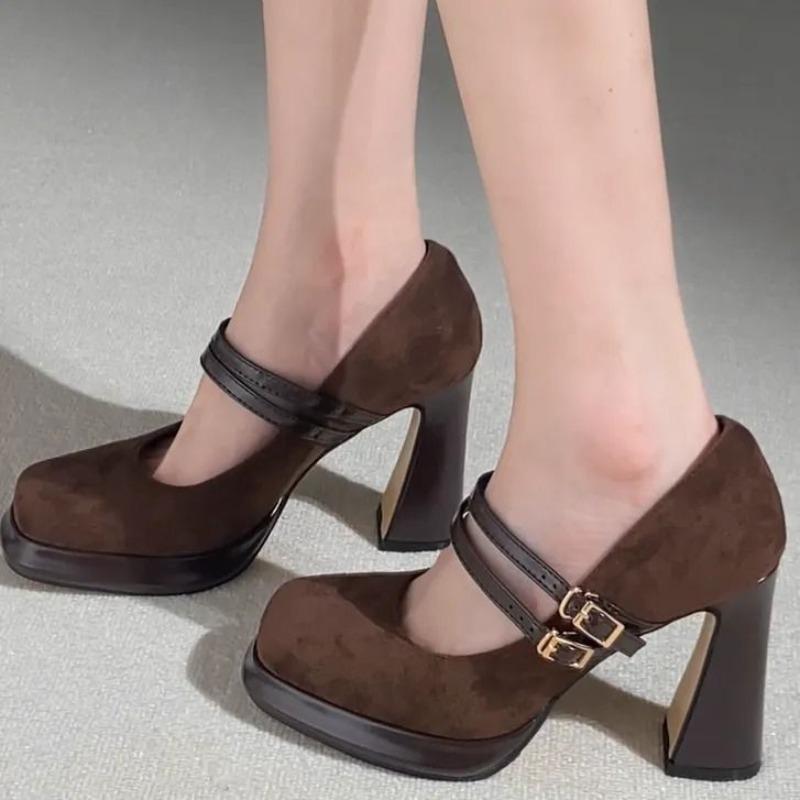 Temperament single shoes women's spring new square head suede Mary Jane waterproof table thick heel high heels women