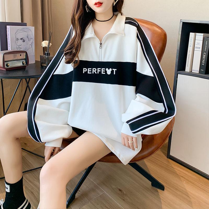 Plus Size Women Polo Collar Long Sleeve Sweatshirt Spring Autumn Loose Casual Zipper Hoodie Oversized Pullover Tops