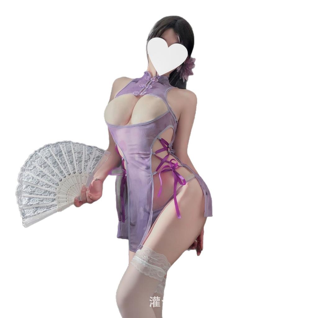 Night Cat Antique Purple Butterfly Sex Underwear Pure Desire Sexy Breast Chinese Temptation Cheongsam Straps Uniform Set