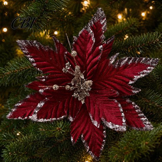 Velvet Poinsettia Decorations Artificial Flowers, Handmade Bead Cluster Christmas with Gold Glitter Fabric Decorative Flower Picks Petals, Reusable