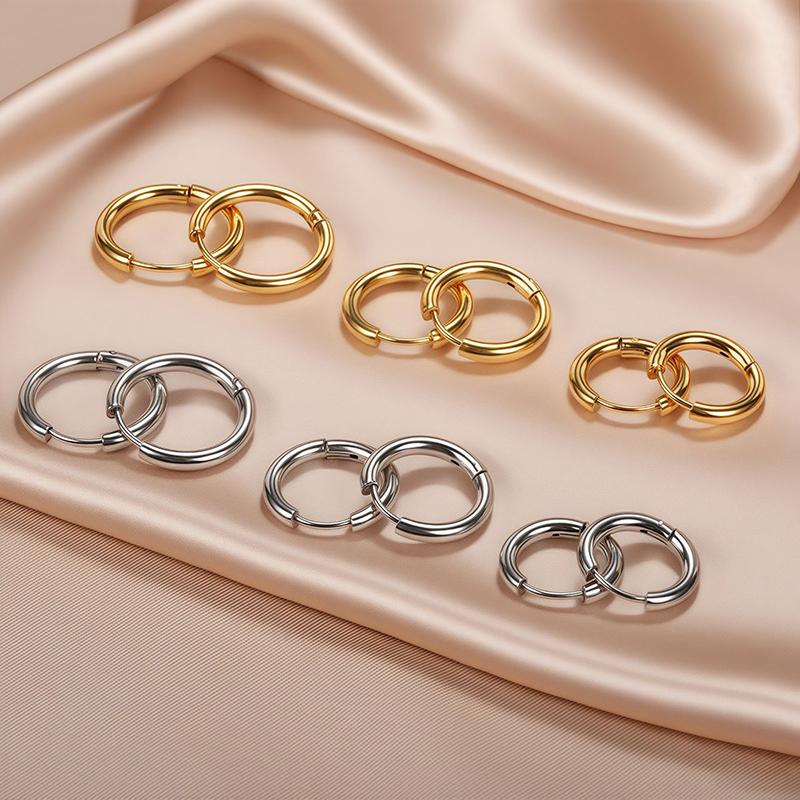 1 Pair Stainless Steel Round Hoop Earrings For Women 2.5mm Thick Hip-hop Street Pop Ear Buckle Classic Huggie Daily Jewelry