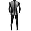 Men Faux Leather Stretch Catsuit Sexy Transparent Mesh Zipper Open Crotch Erotic Tight PVC Bodysuit  Fetish Costumes Ecoparty