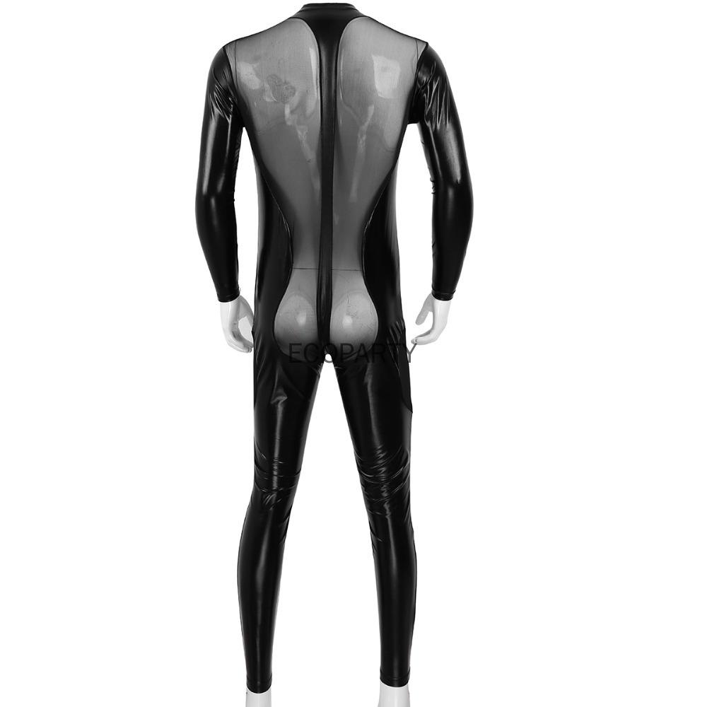 Men Faux Leather Stretch Catsuit Sexy Transparent Mesh Zipper Open Crotch Erotic Tight PVC Bodysuit  Fetish Costumes Ecoparty