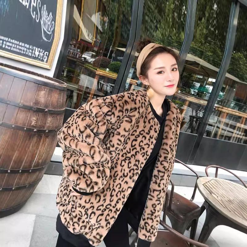 Autumn and Winter Leopard Print Jacket Rabbit Fur Jacket Fashion Baseball Jersey Threaded Women's Clothing Medium and Long Zipper Fur Clothes