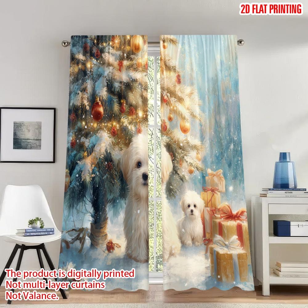 

Set Of 2 Flat Printing Merry Christmas Curtains Puppies Snow Gift Digital Printed Polyester Drapes Family Party Made W100*H70(CM)-Hooks&1PCS