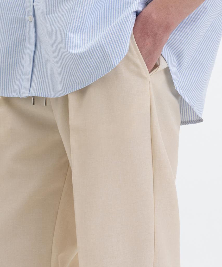 Atejeu Cool Linen-Like Single-Pleat Semi-Wide Elastic Waist Pants [Beige]